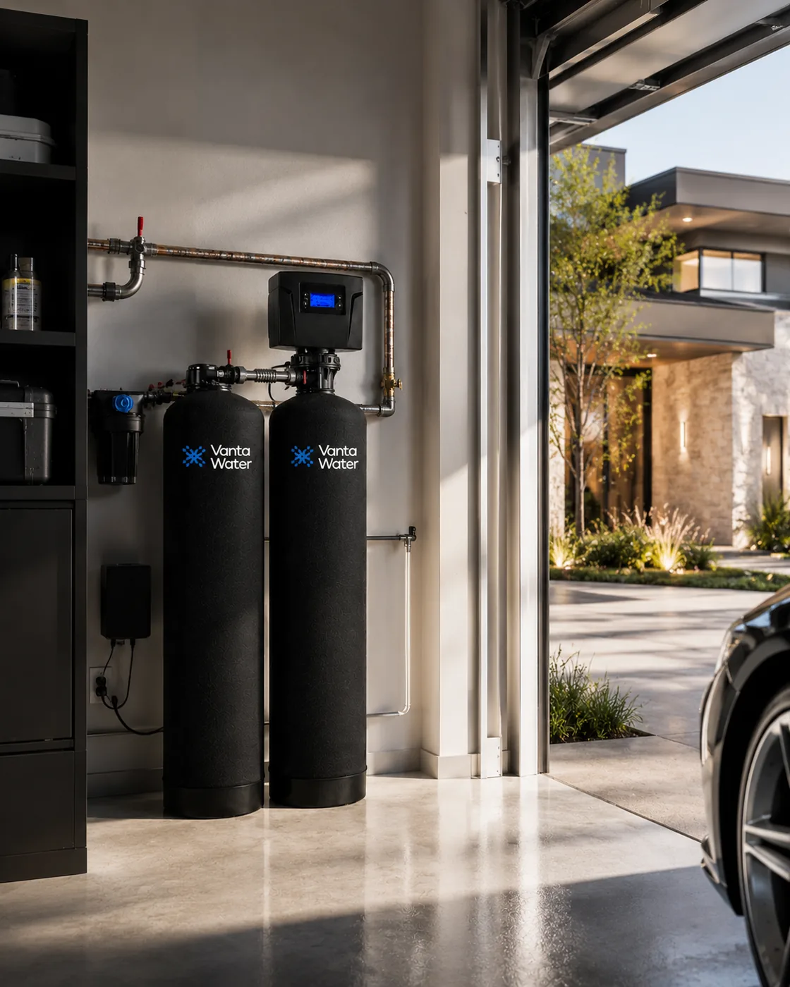 Vanta Water system professionally installed in a modern garage at the home's point of entry