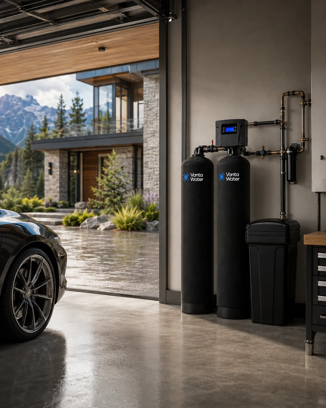 Vanta Water system installed in a mountain-home garage, protecting the whole house