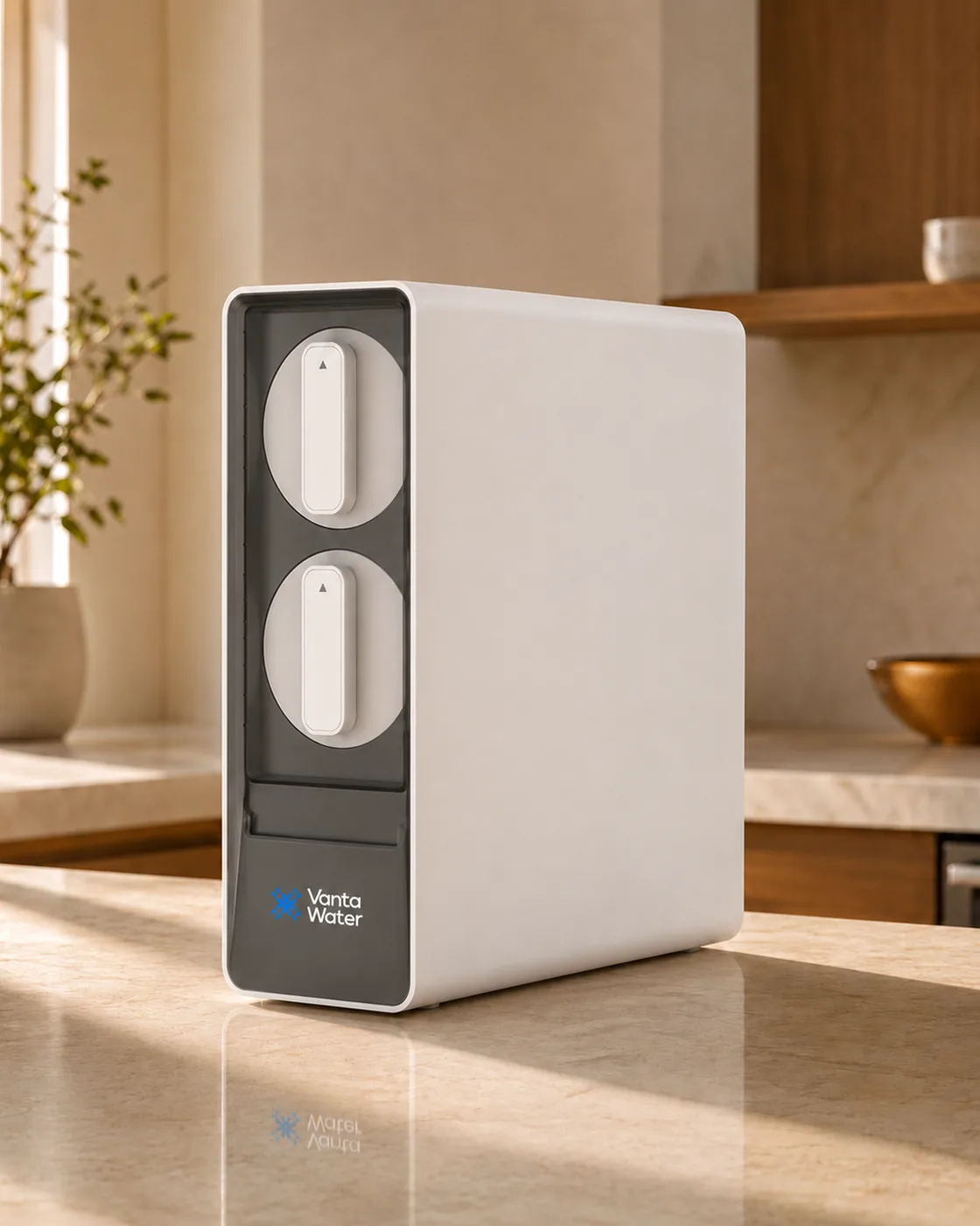 Vanta Water tankless reverse-osmosis unit on a bright kitchen countertop