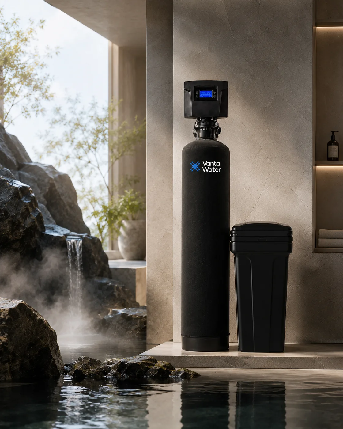 Vanta Water system in a serene modern spa bathroom with steam and stone